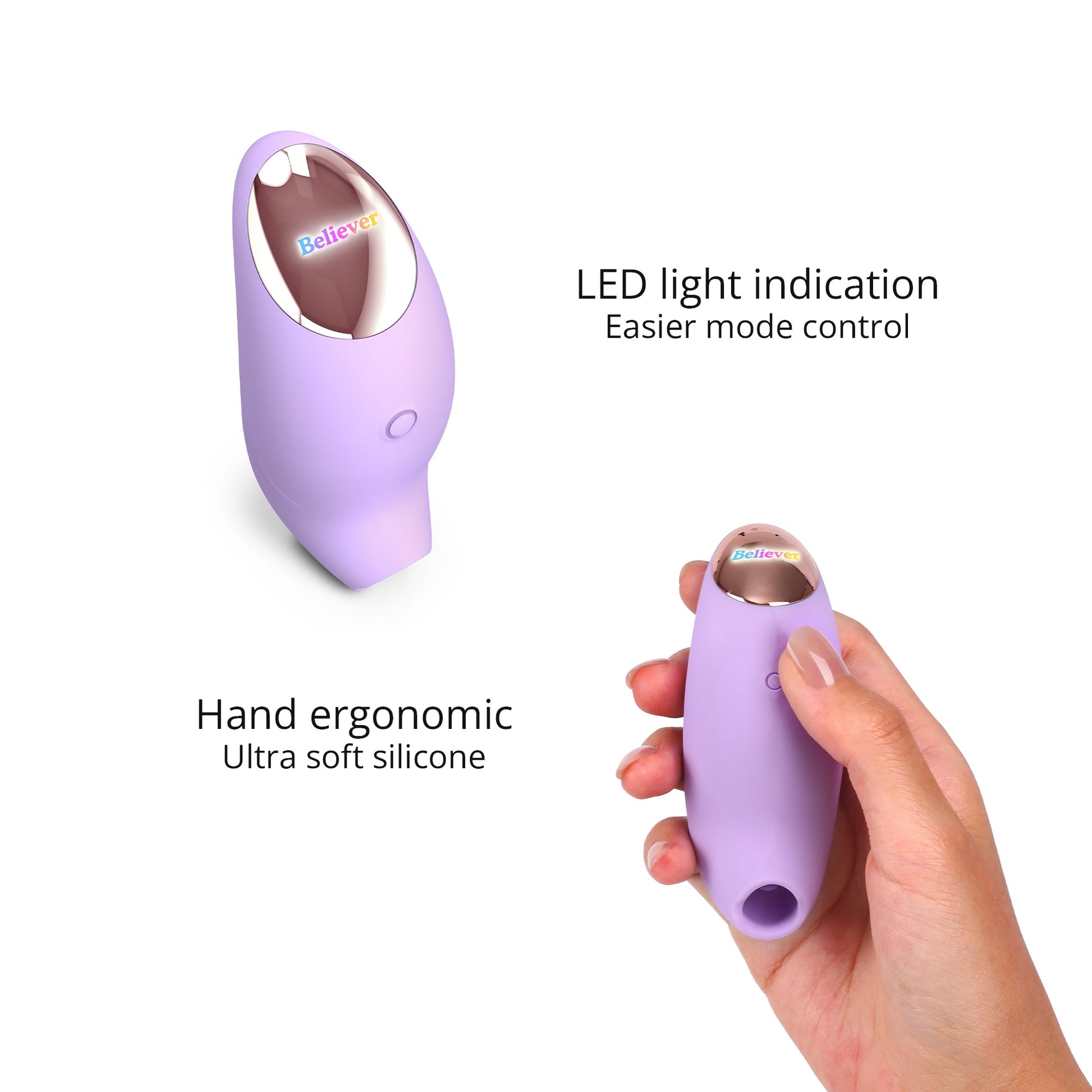 A purple clitoral stimulator with a reflective top and text that reads "Believer".