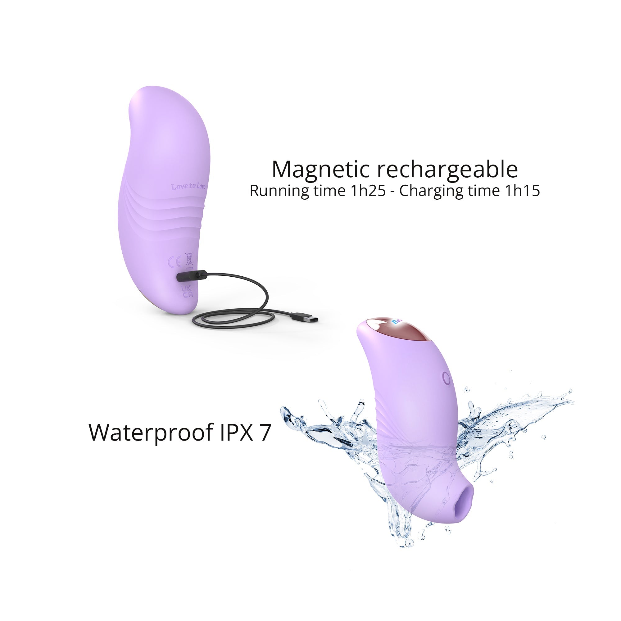 Purple clitoral stimulator with charging cable and water splash effect.