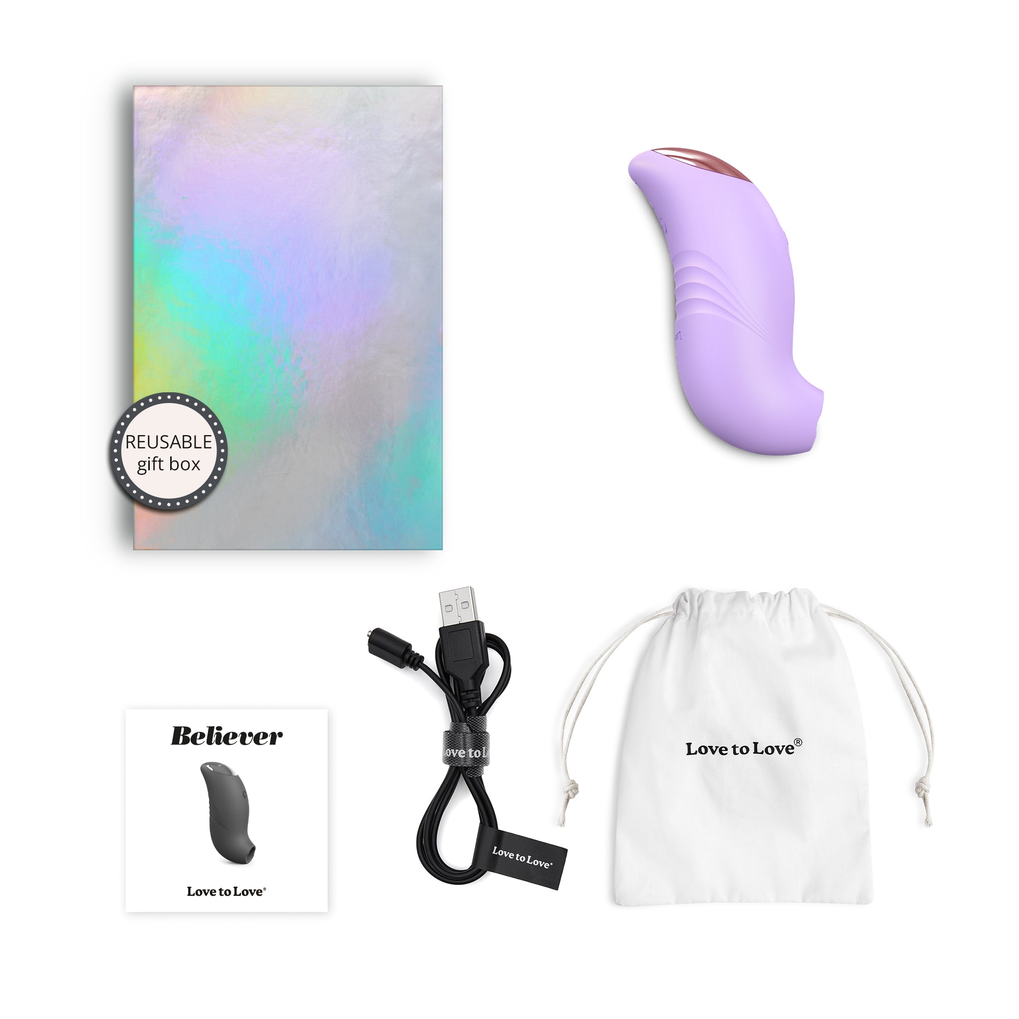 A purple clitoral stimulator with a rose gold tip, charging cable, storage pouch, and gift box.