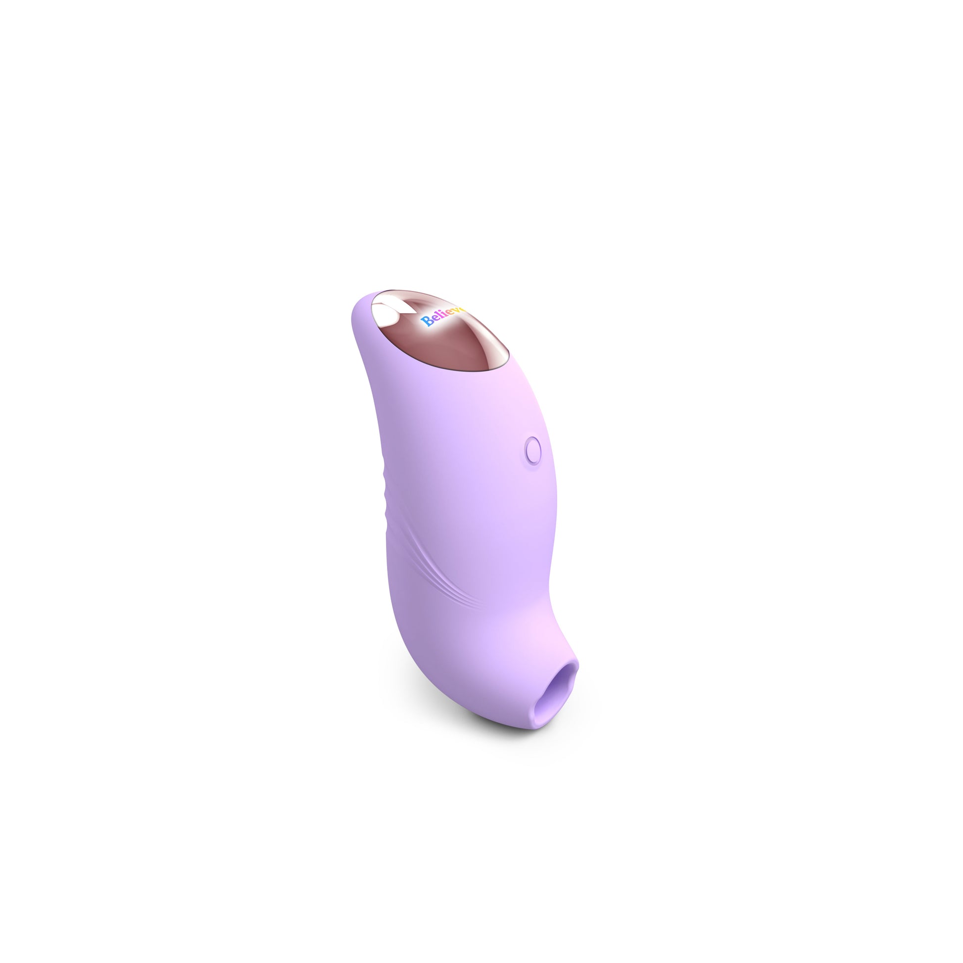 A purple clitoral stimulator with a reflective top displaying the word "Believe" in rainbow colors.