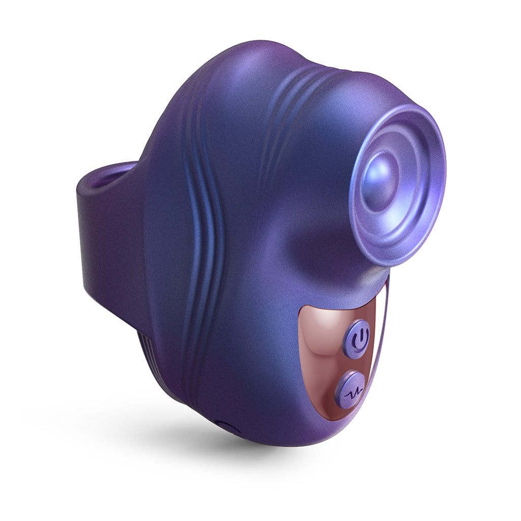A purple and blue finger vibrator with two buttons.