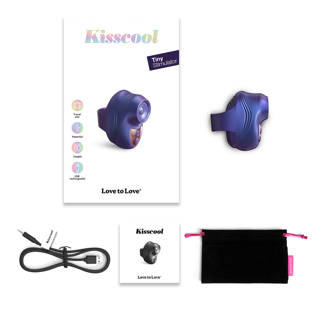 Kisscool tapping finger vibrator with USB charging cable and storage pouch.
