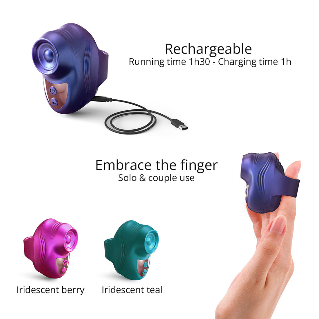 Rechargeable finger vibrator in iridescent berry and teal colors.