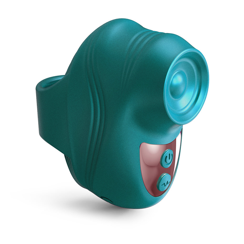 Iridescent teal finger vibrator with two buttons.