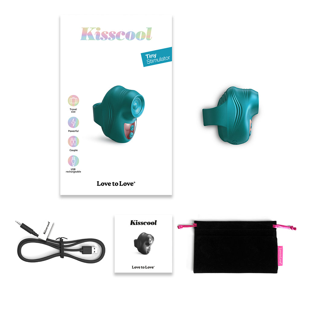 Iridescent teal Kisscool tapping finger vibrator with USB charging cable and storage pouch.