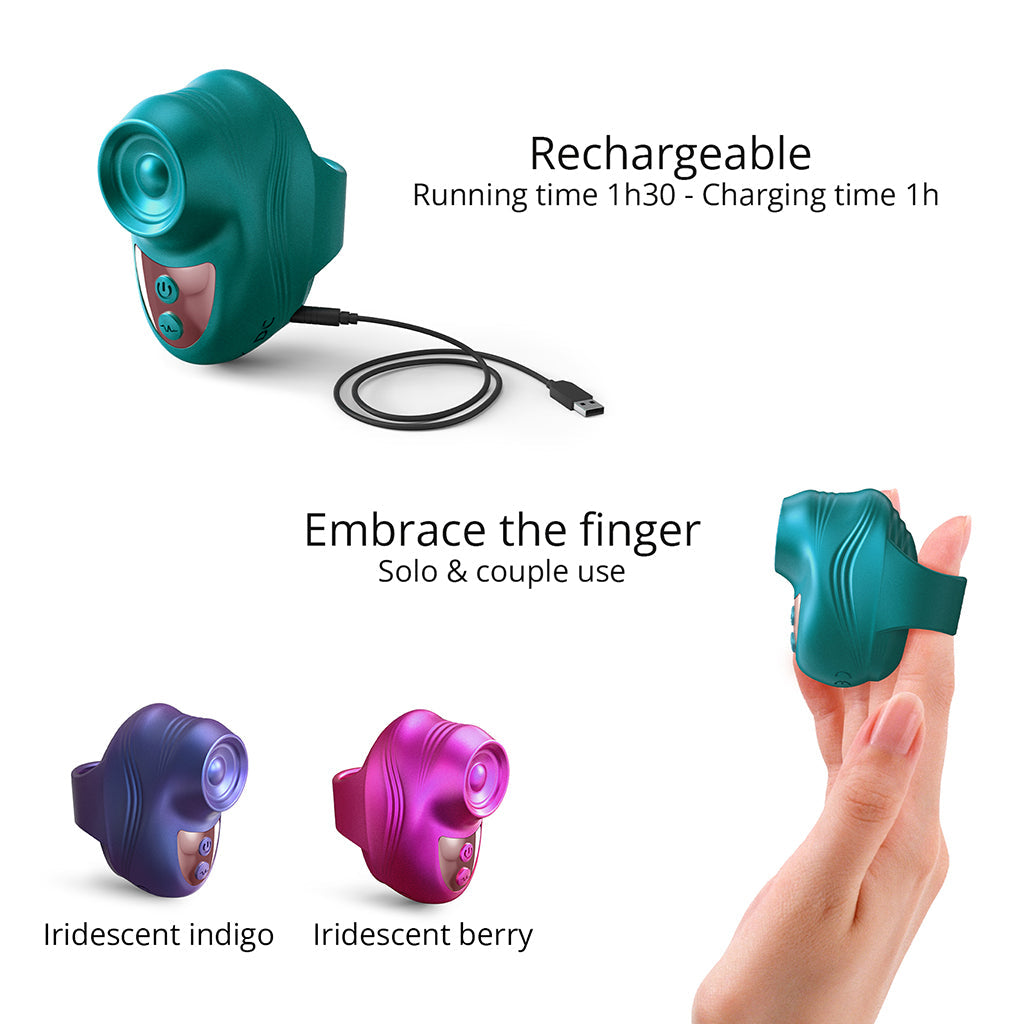 A teal finger vibrator with a USB charging cable and text about its features.