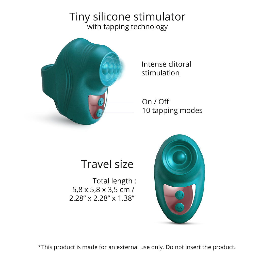 Teal silicone finger vibrator with tapping technology and 10 modes.