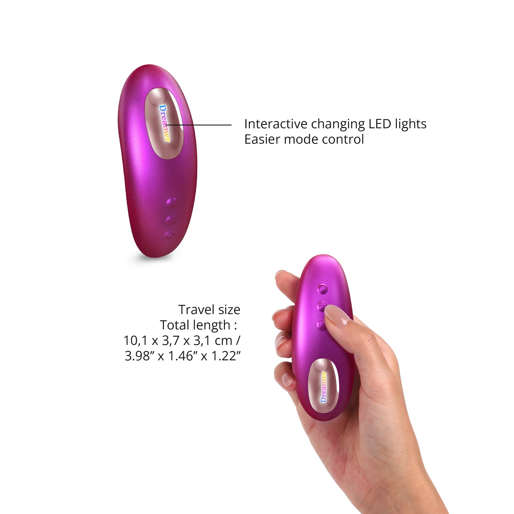 Purple clitoral stimulator with remote control and size dimensions.