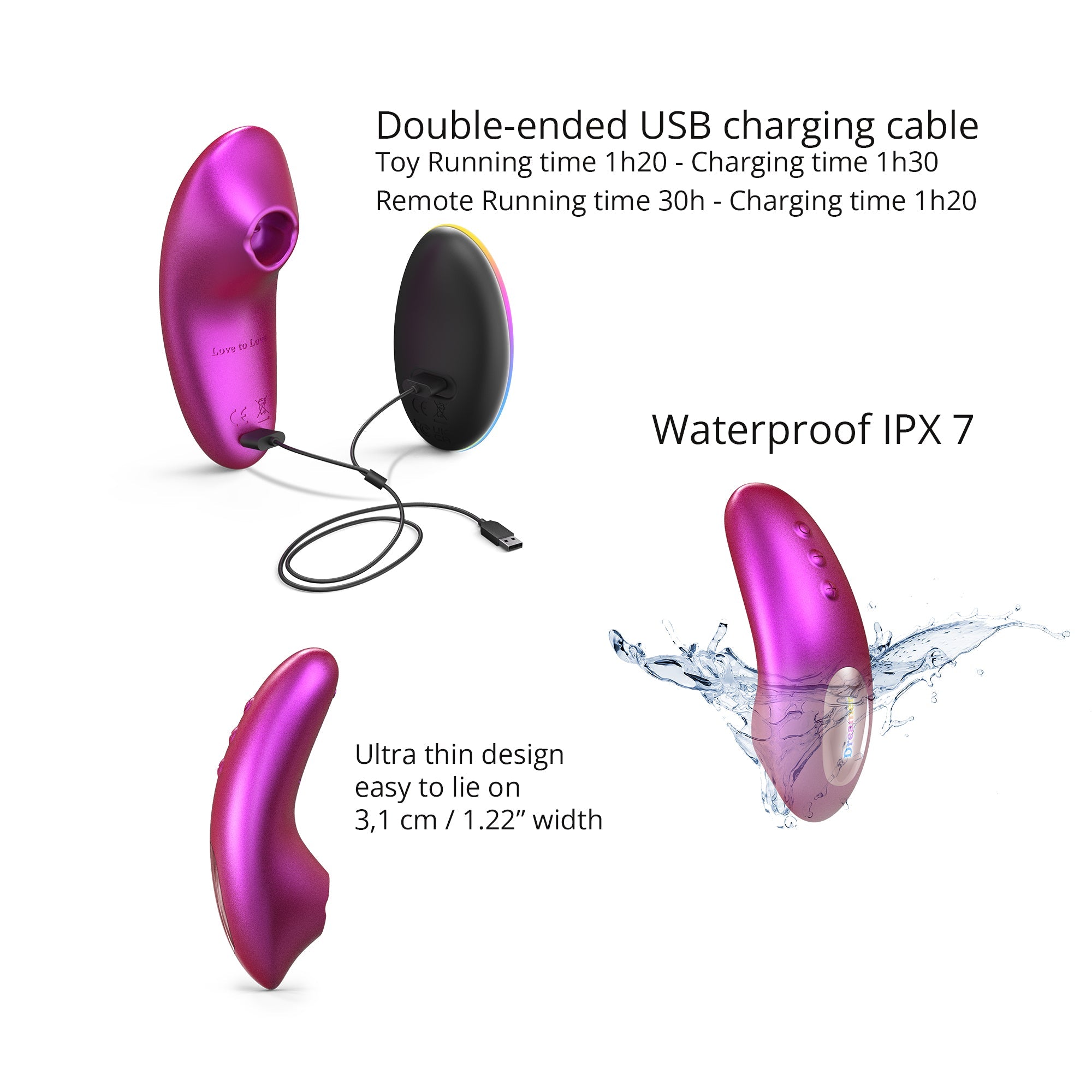 A pink clitoral stimulator with a remote and charging cable, featuring waterproof IPX7 rating.