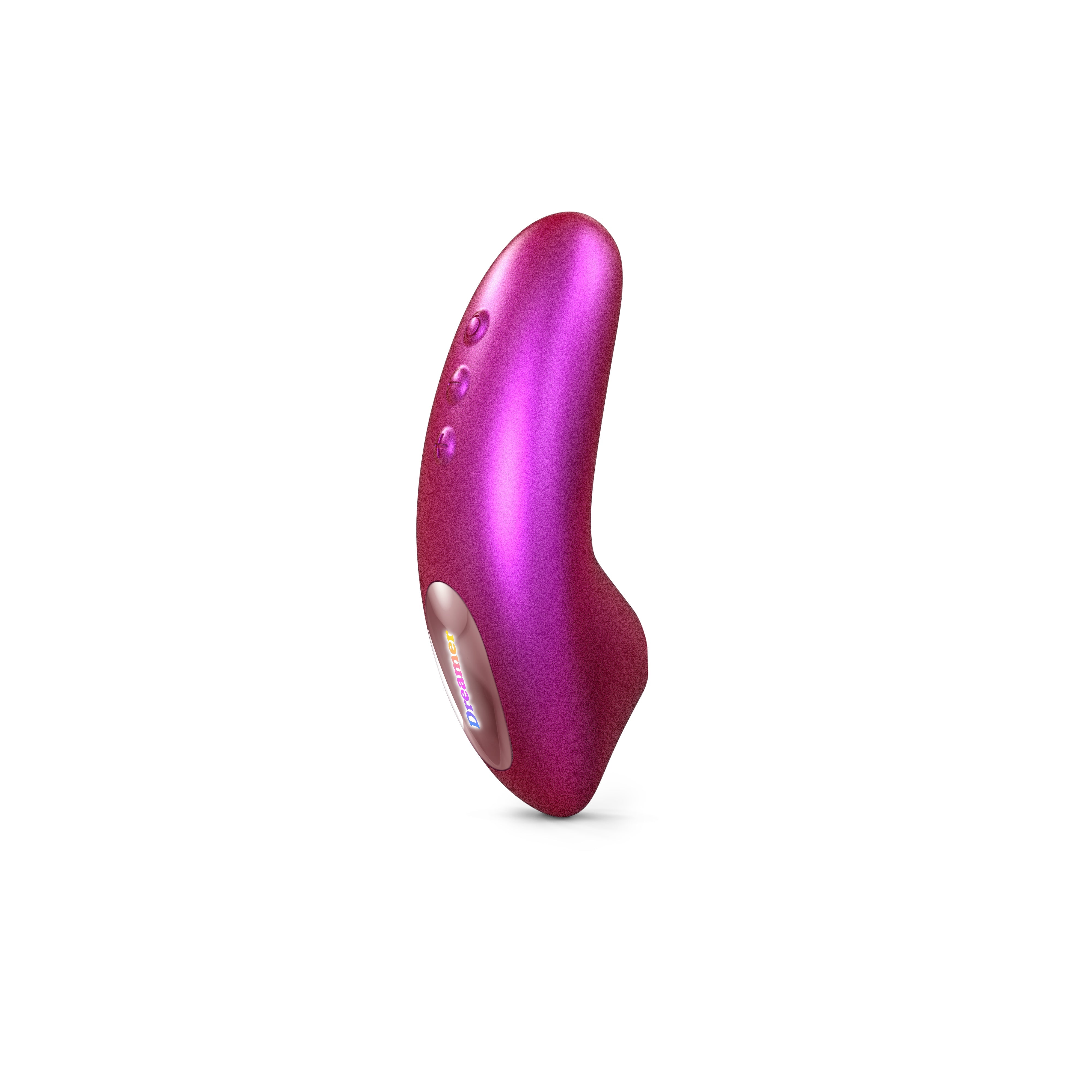 A pink clitoral stimulator with buttons and a rainbow logo.