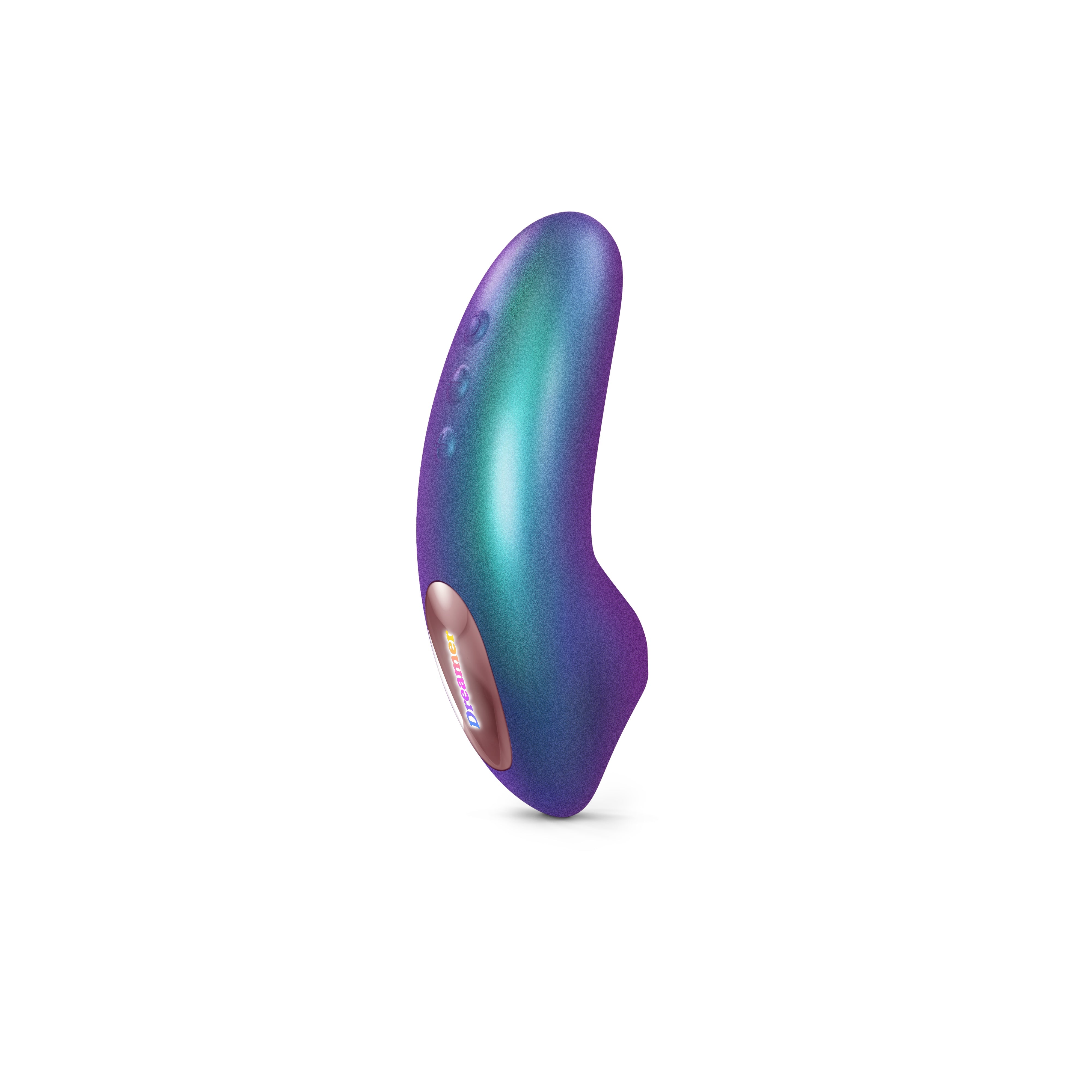 A purple and teal iridescent clitoral stimulator with a silver oval inset displaying the word "Dreamer" in rainbow colors.