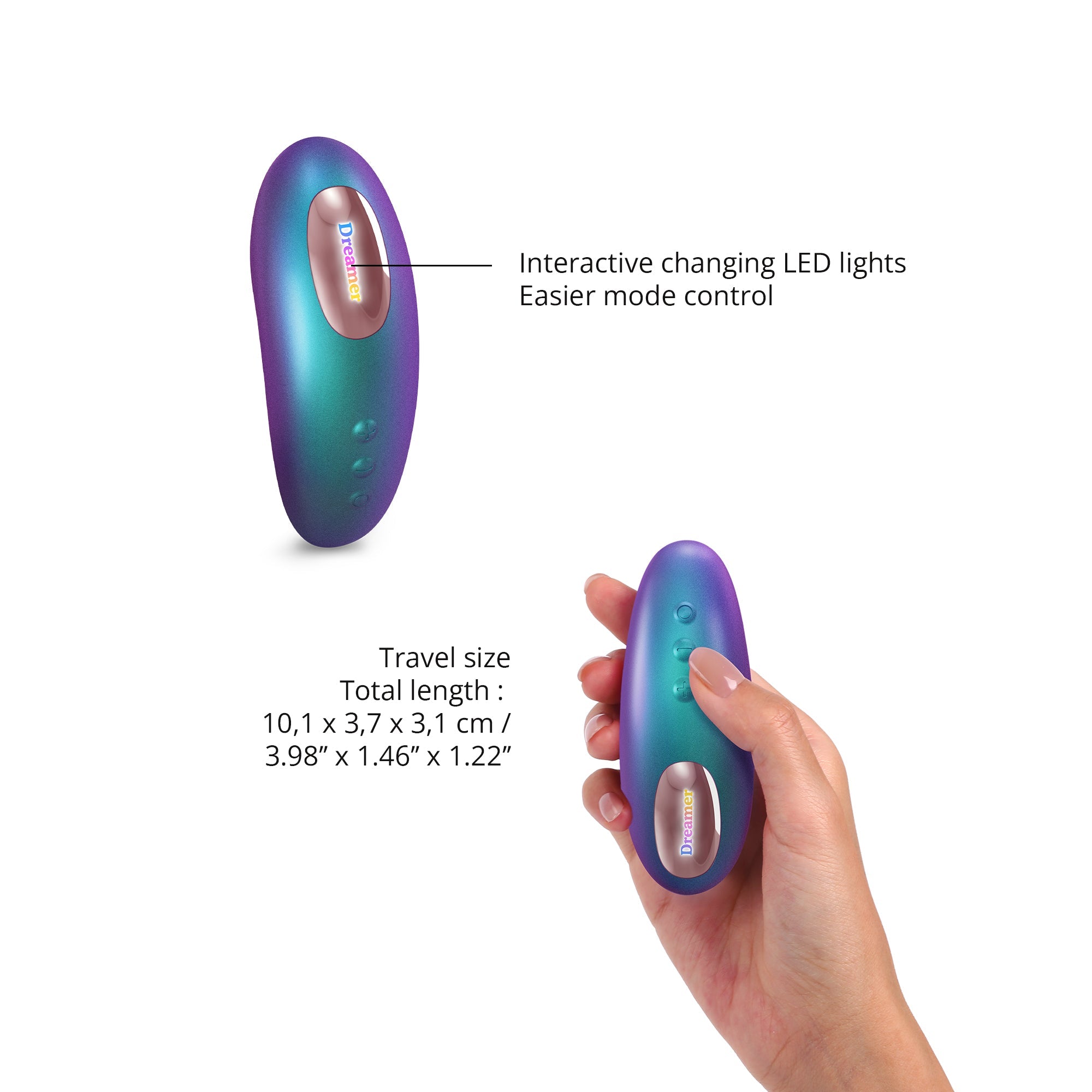 A purple and teal clitoral stimulator with a remote control and text about its features.