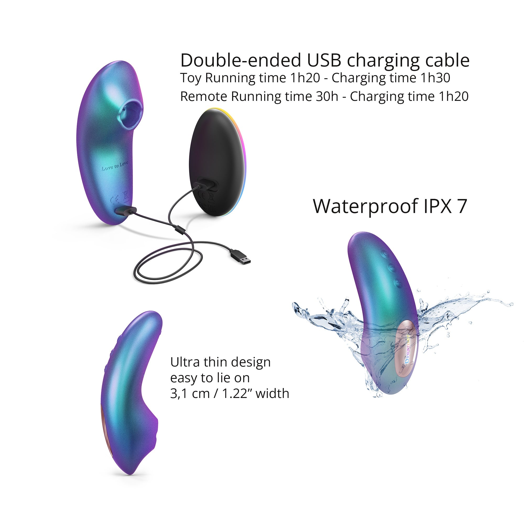 A purple and teal clitoral stimulator with a remote and charging cable.