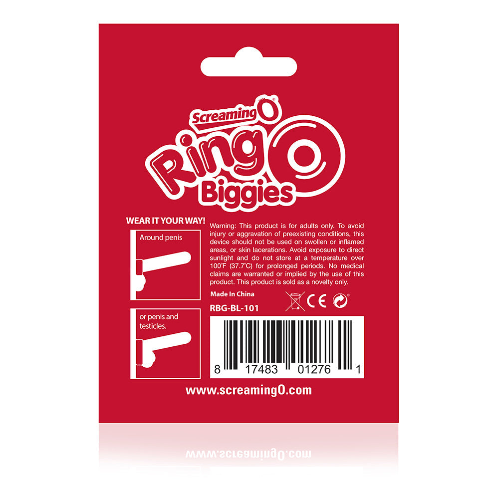 Screaming O Biggies thick black stretchy cock ring with usage instructions.