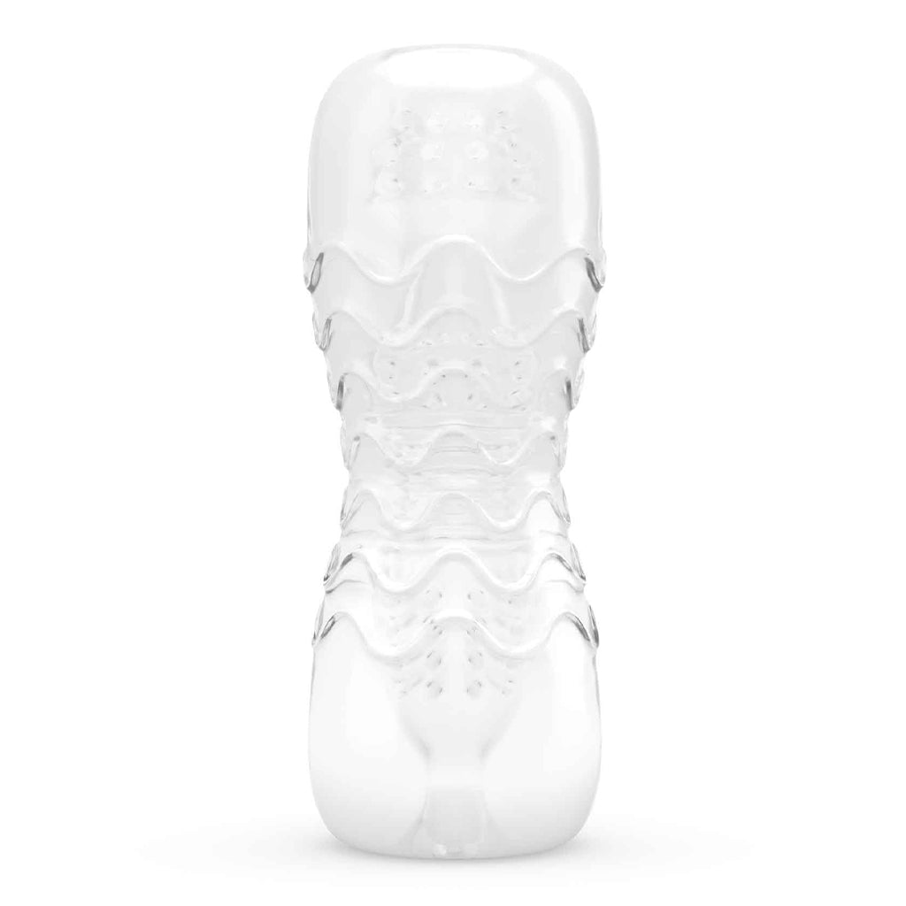 Clear double entry masturbator with textured interior.