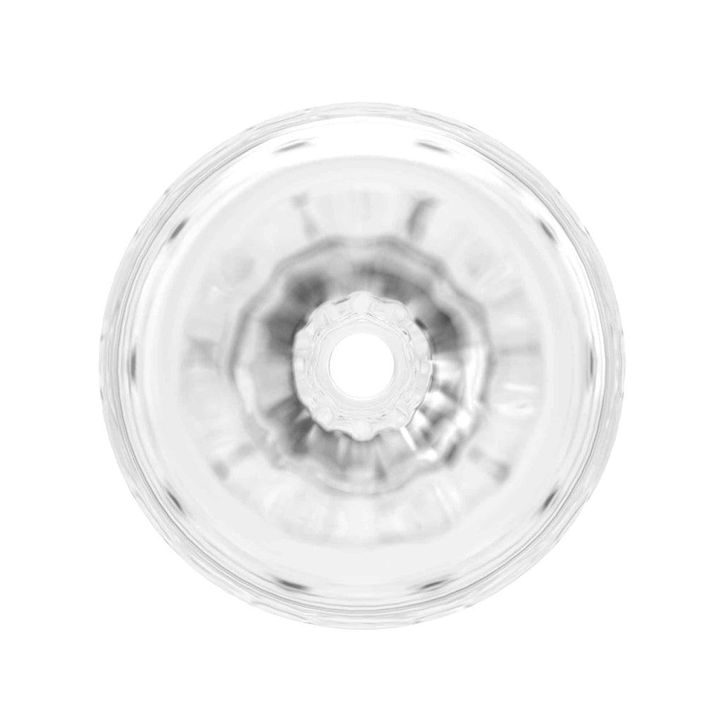 Top view of a clear, fluted double entry masturbator.