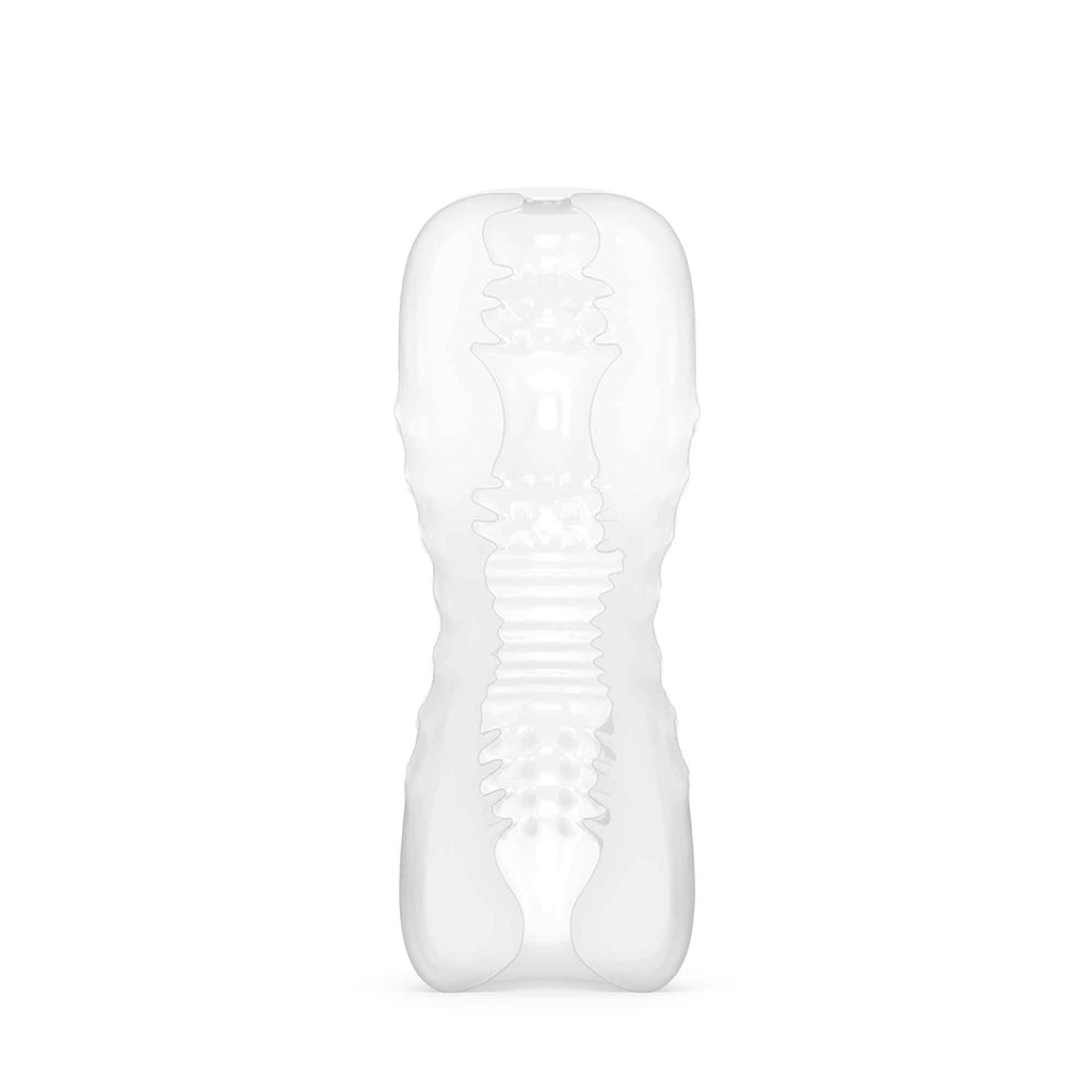 A clear, double-entry masturbator with textured interior.