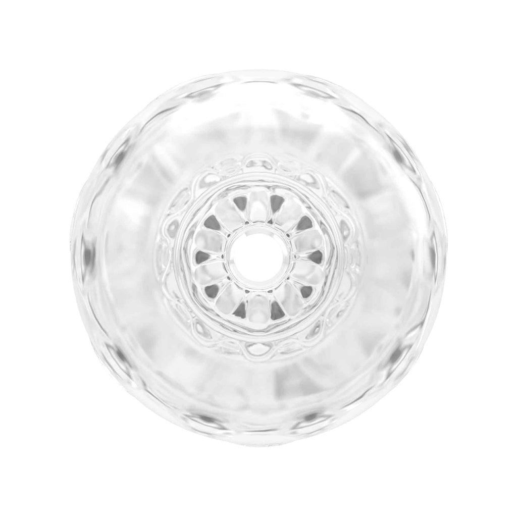Clear glass masturbator with a textured interior and a central opening.