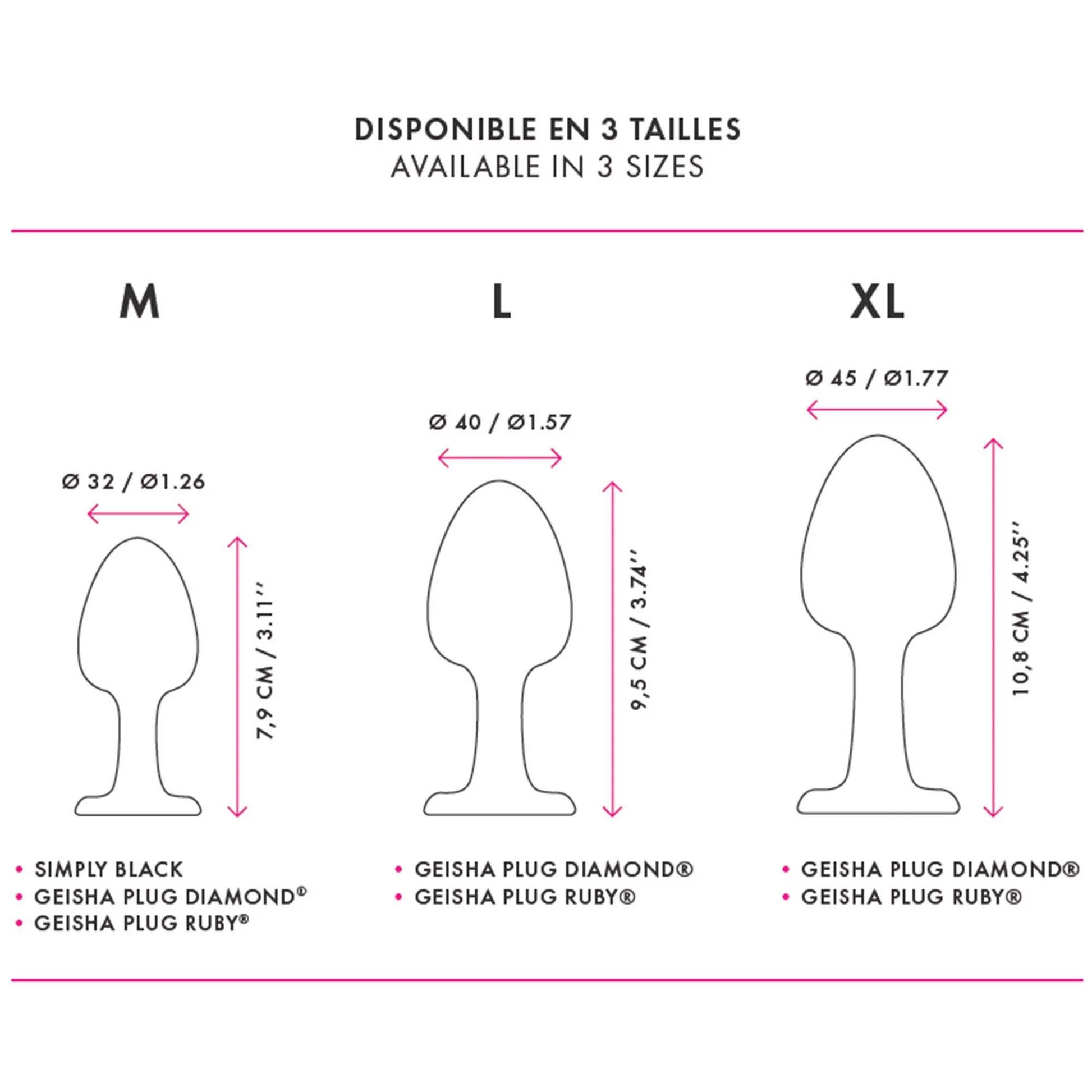 Three sizes of anal plugs with dimensions and product names.