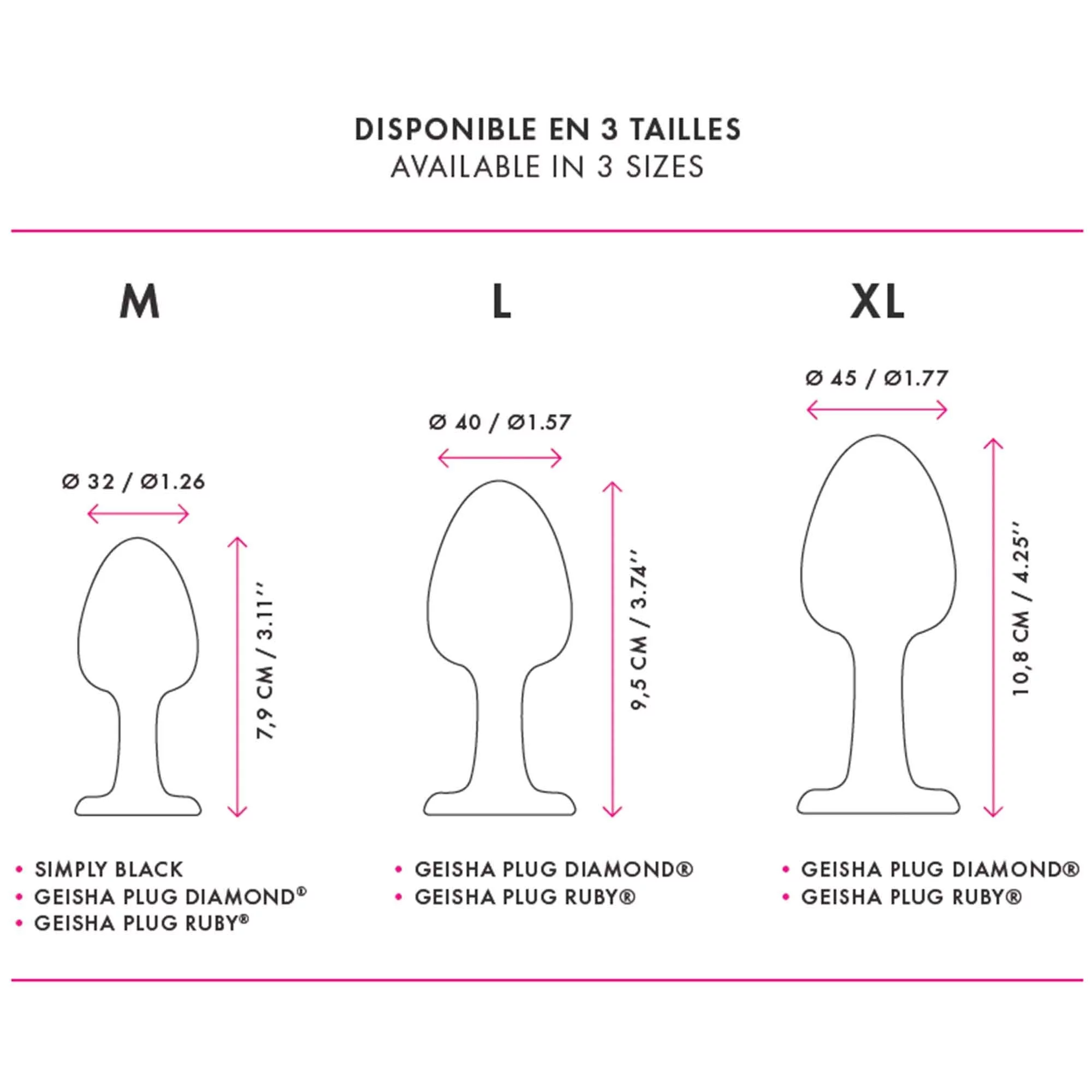 Three sizes of anal plugs with dimensions and product names.