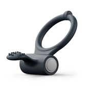 Black silicone vibrating cock ring with a clitoral stimulator.