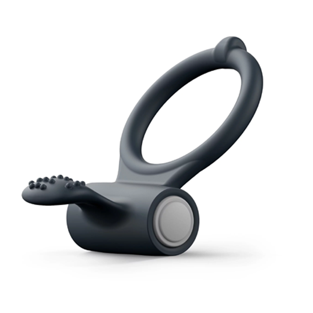 Black silicone vibrating cock ring with a clitoral stimulator.