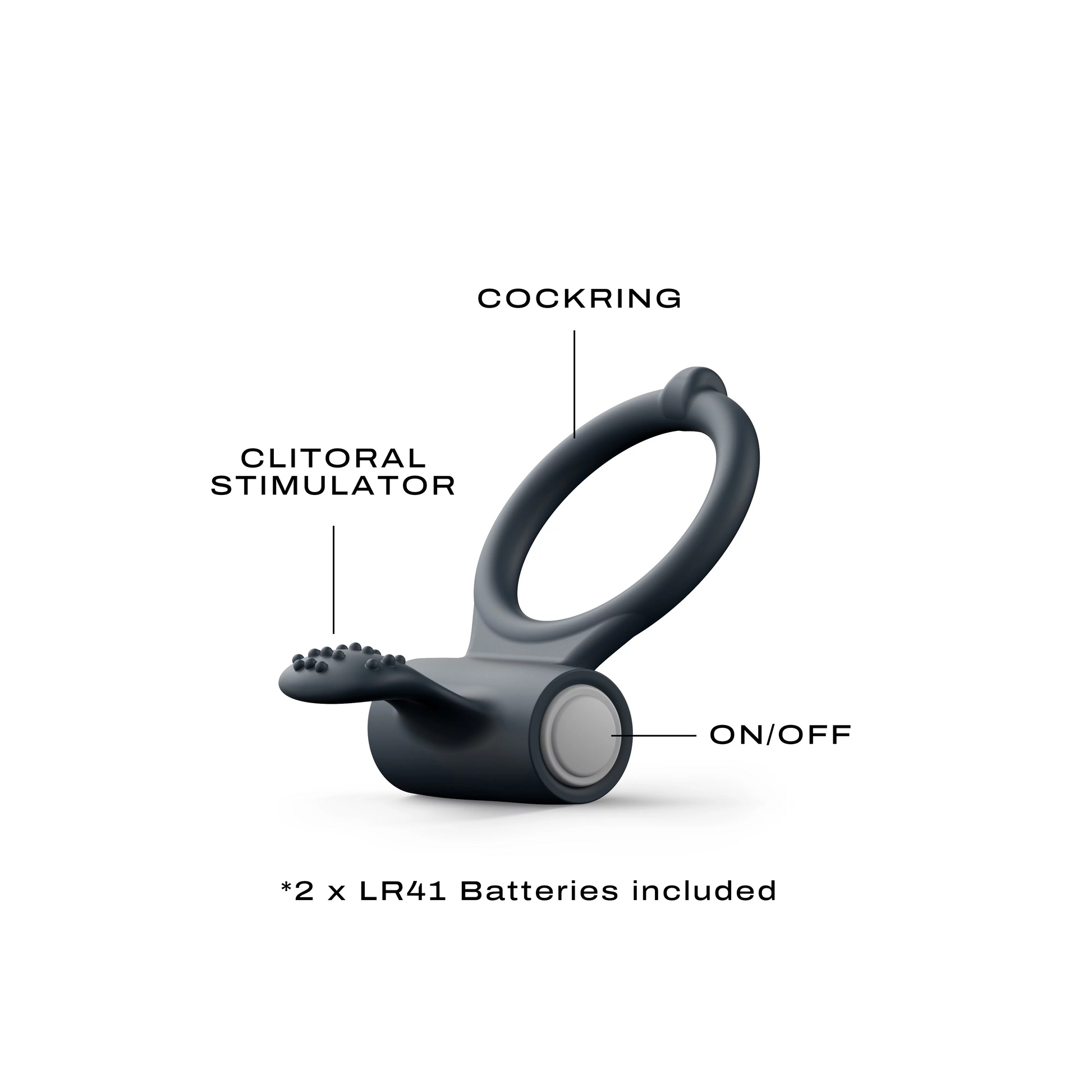 Black silicone vibrating cock ring with clitoral stimulator and on/off button.