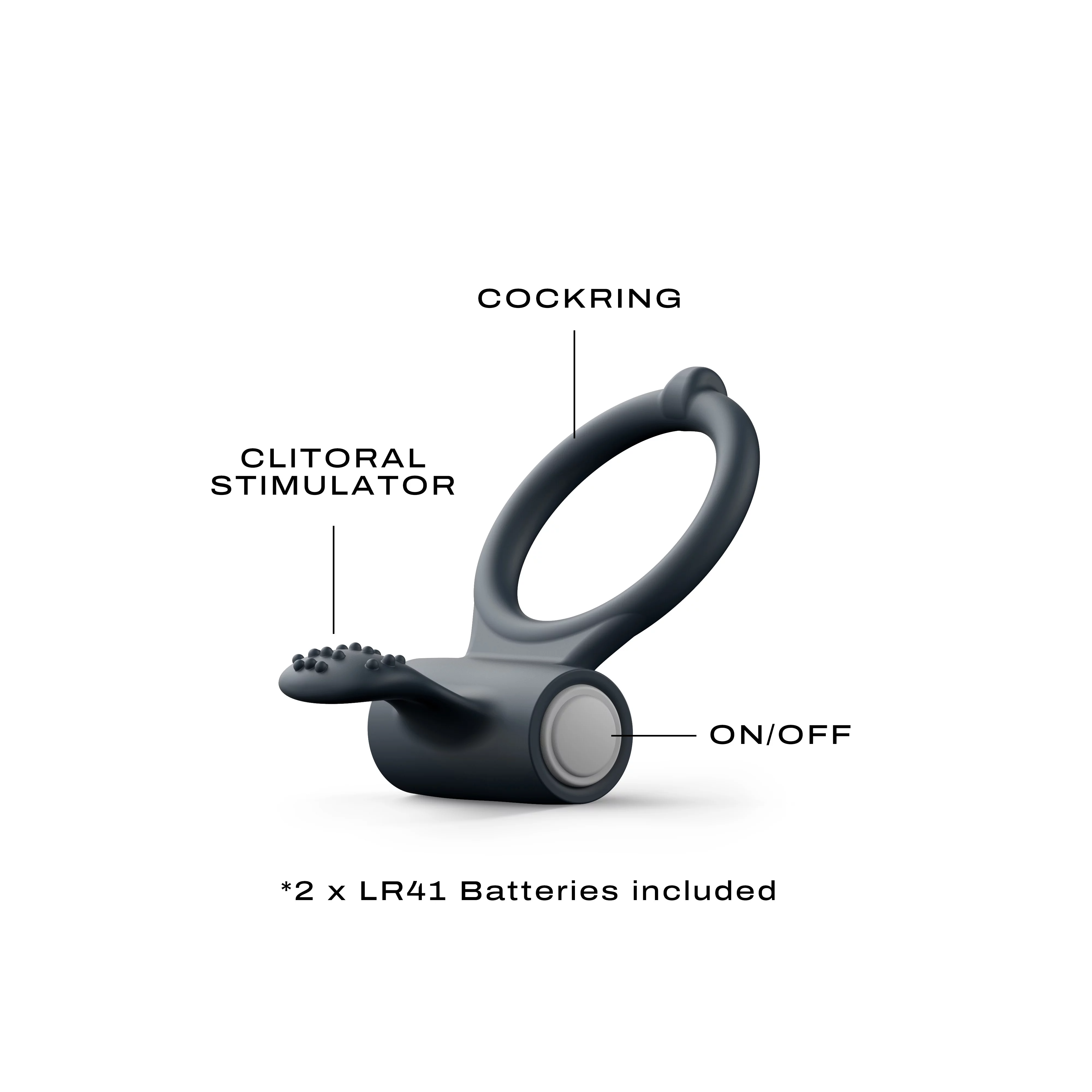 Black silicone vibrating cock ring with clitoral stimulator and on/off button.