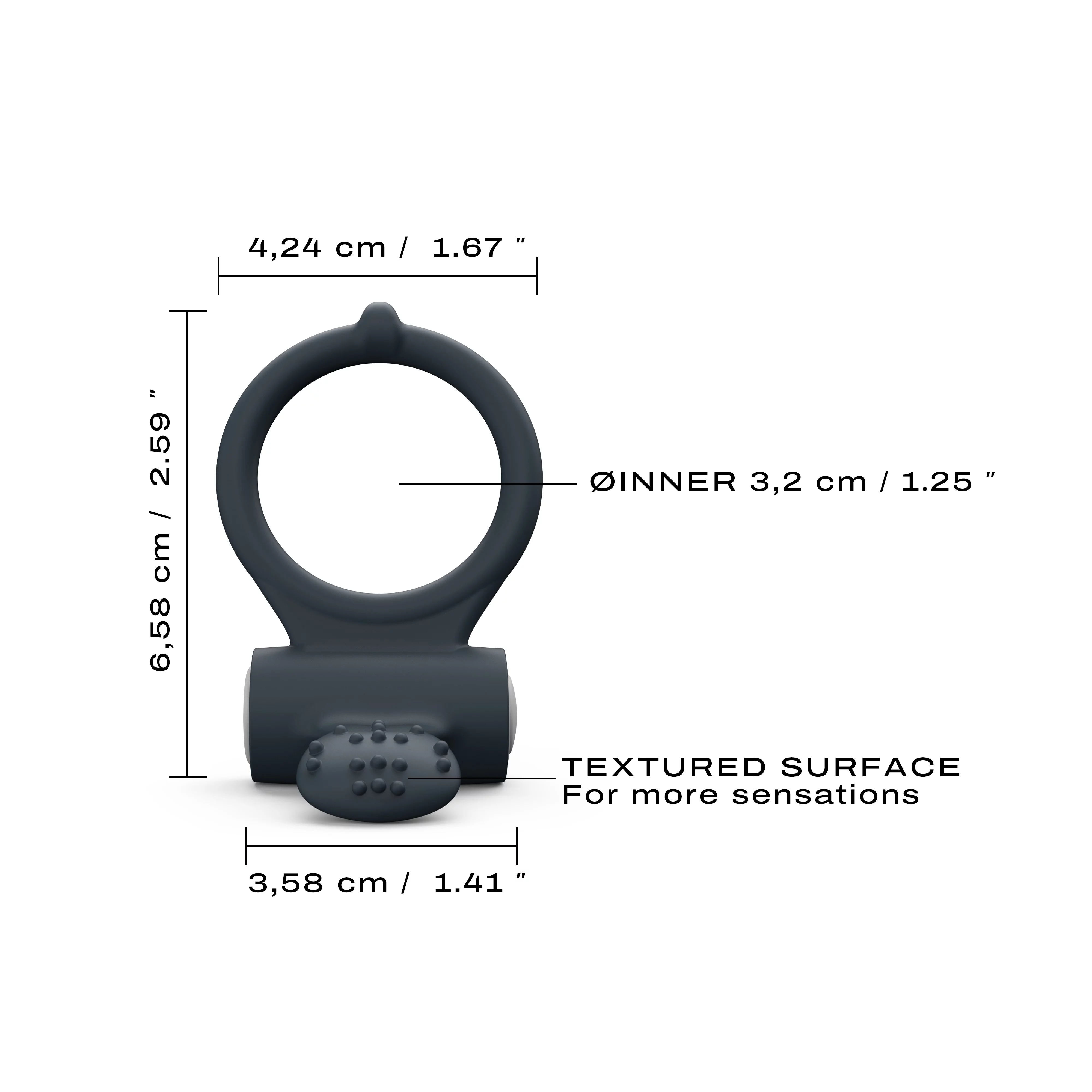 A black silicone vibrating cock ring with textured surface and clitoral stimulator.