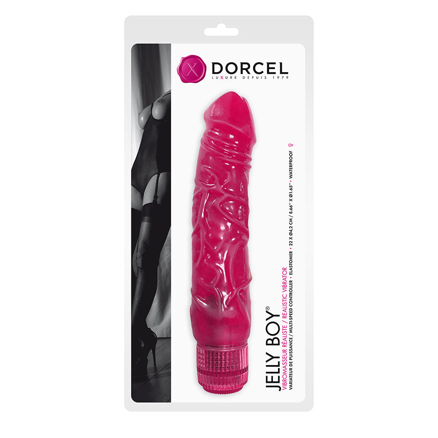 Pink 22cm veined waterproof vibrator in Dorcel packaging.