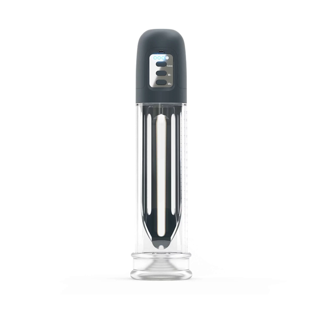 Rechargeable penis pump with a clear cylinder and a dark gray control unit.