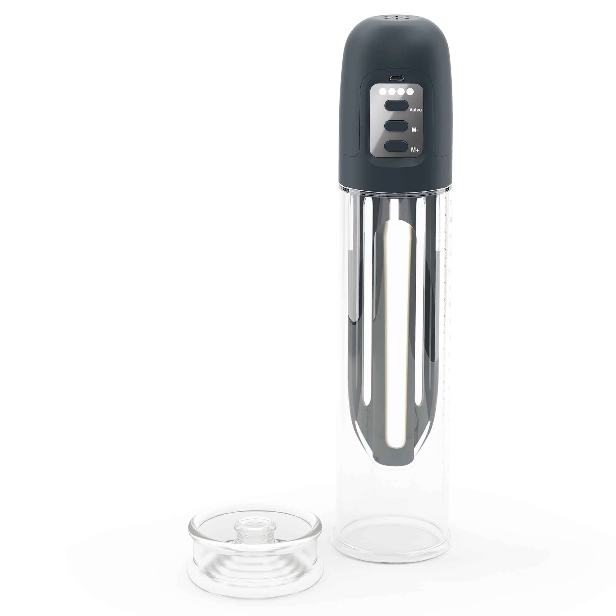 A rechargeable penis pump with a clear cylinder and a dark gray handle with buttons and indicator lights.