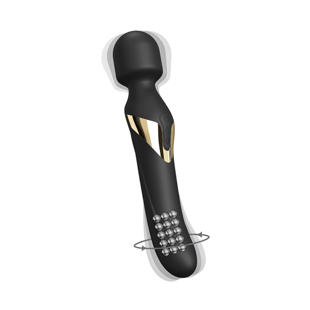 Black dual massager with gold accents and rotating silver balls.