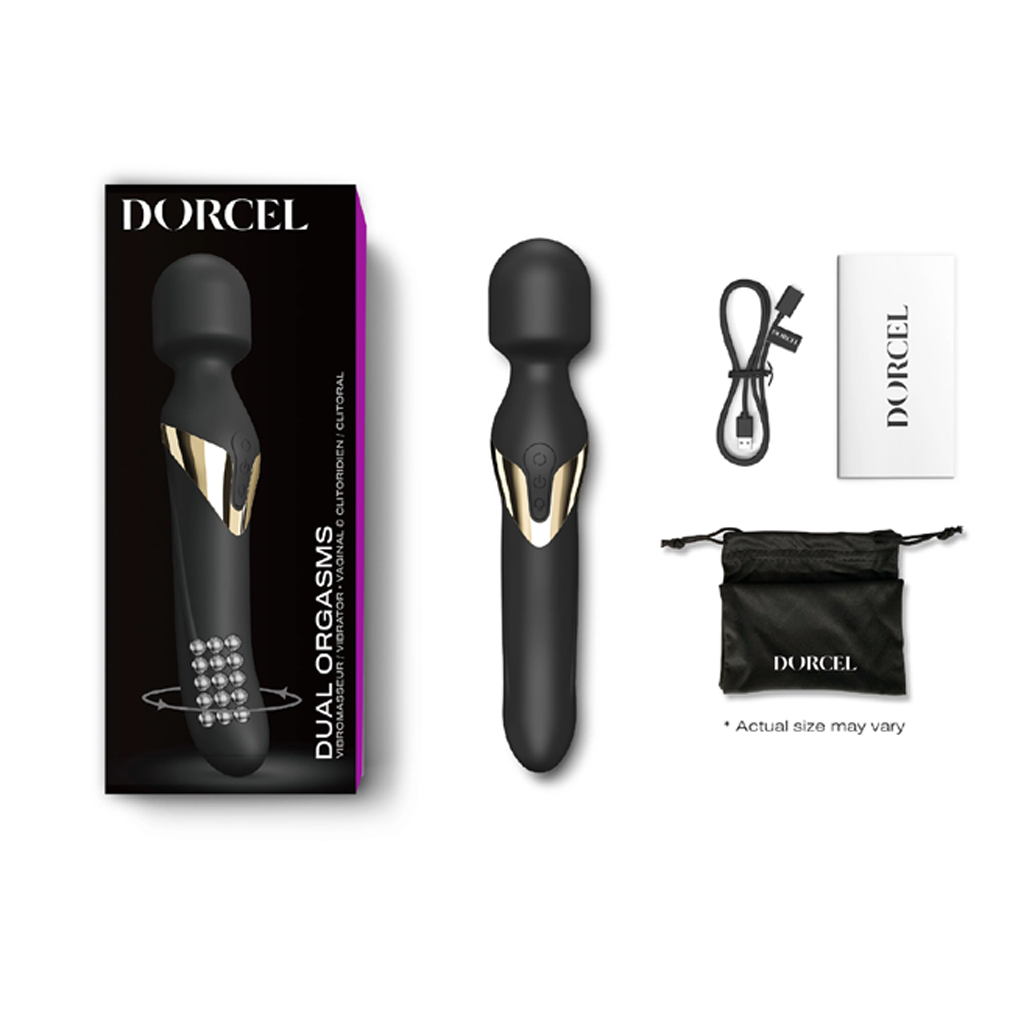 Black Dorcel dual massager with gold accents, USB cable, and pouch.
