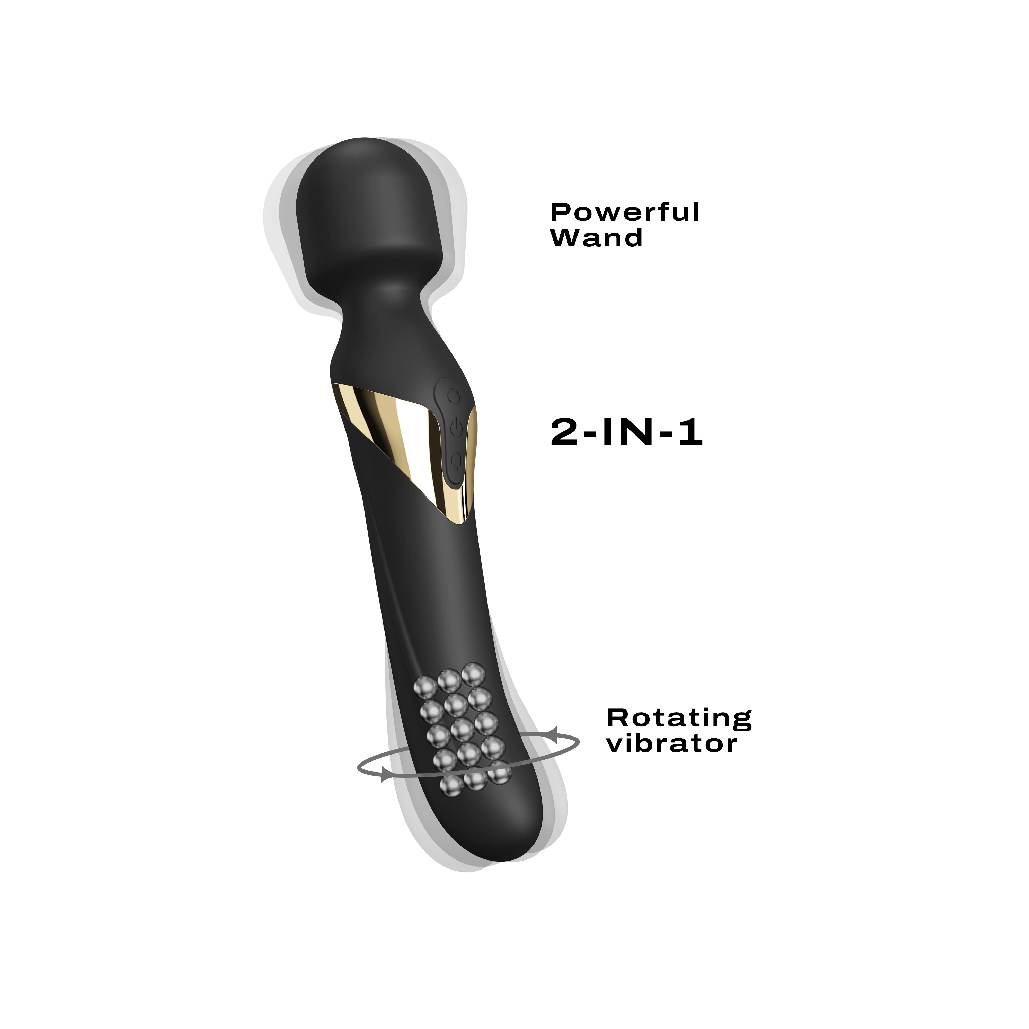 Black and gold dual massager with rotating balls and text "Powerful Wand 2-IN-1 Rotating vibrator".