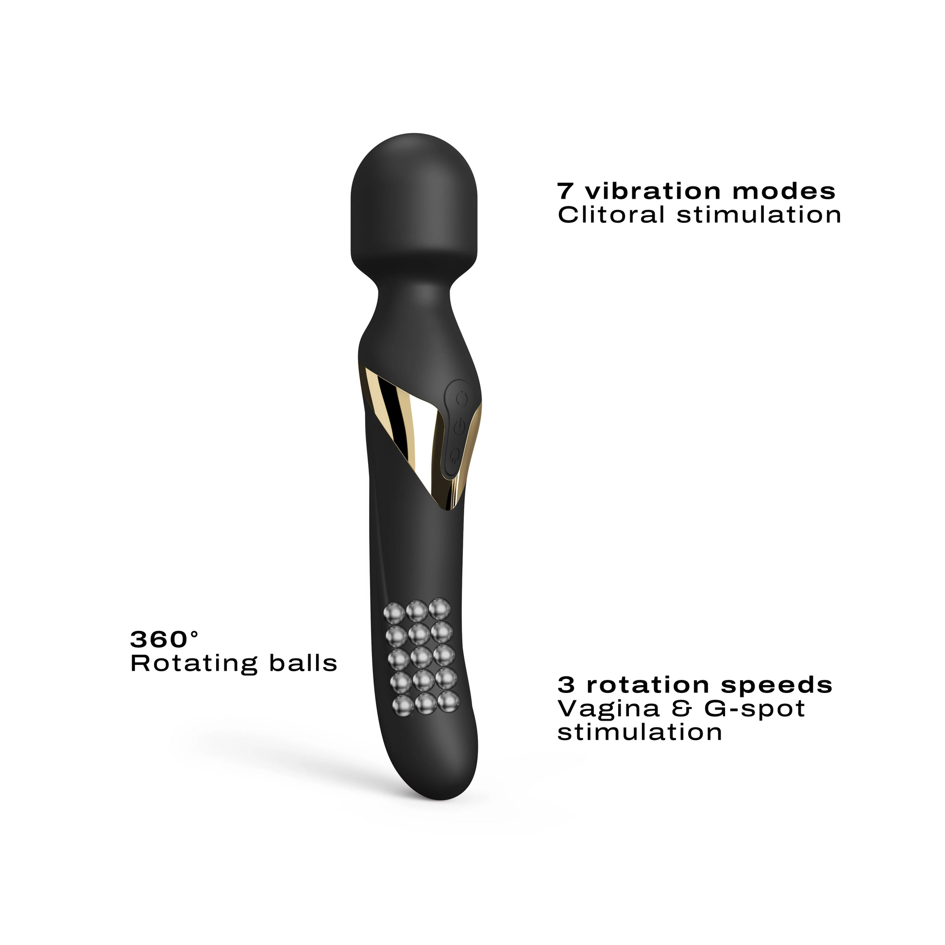 Black massager with gold accents, featuring rotating balls and text about vibration modes and speeds.