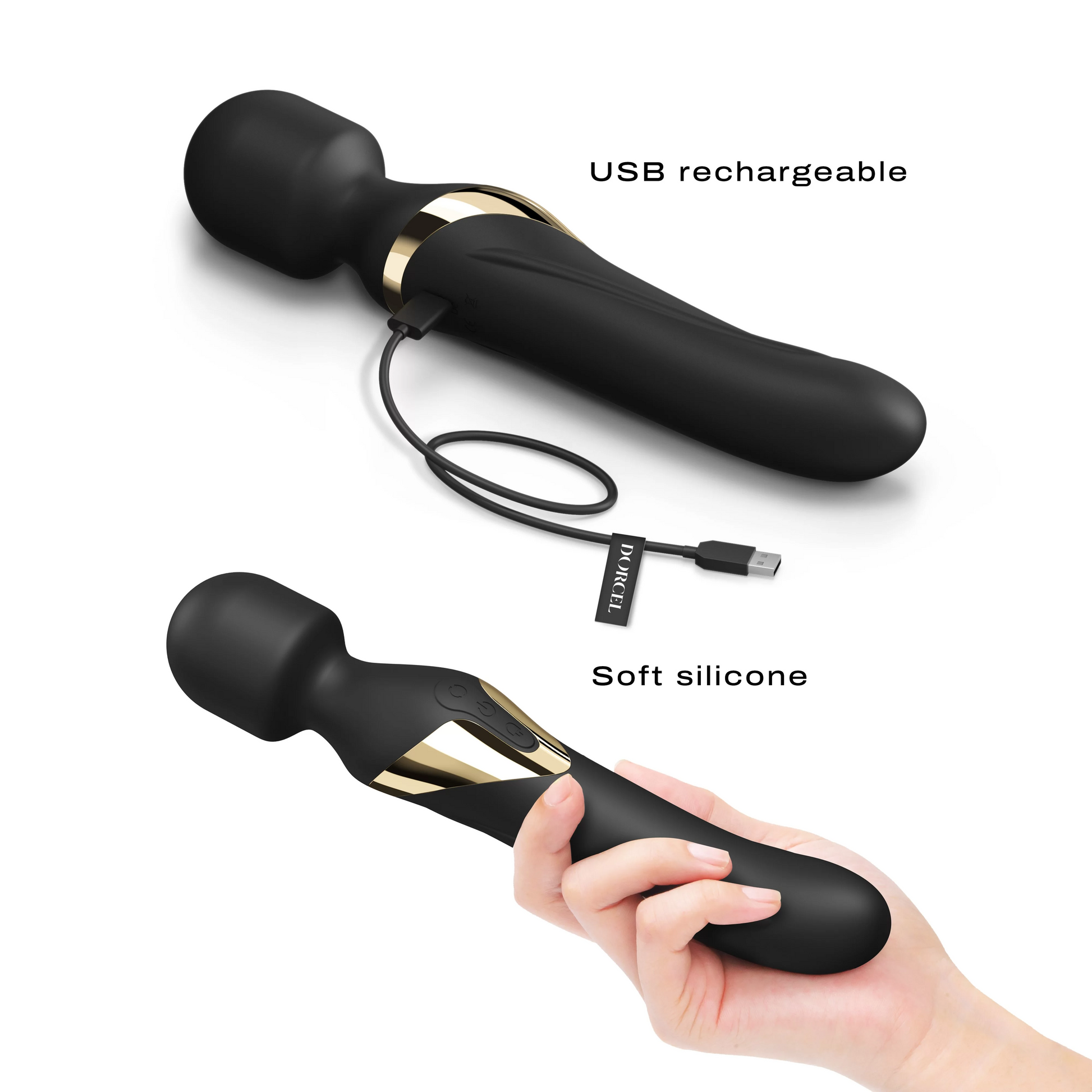 Black dual massager with gold accents, showing USB charging and being held by a hand.