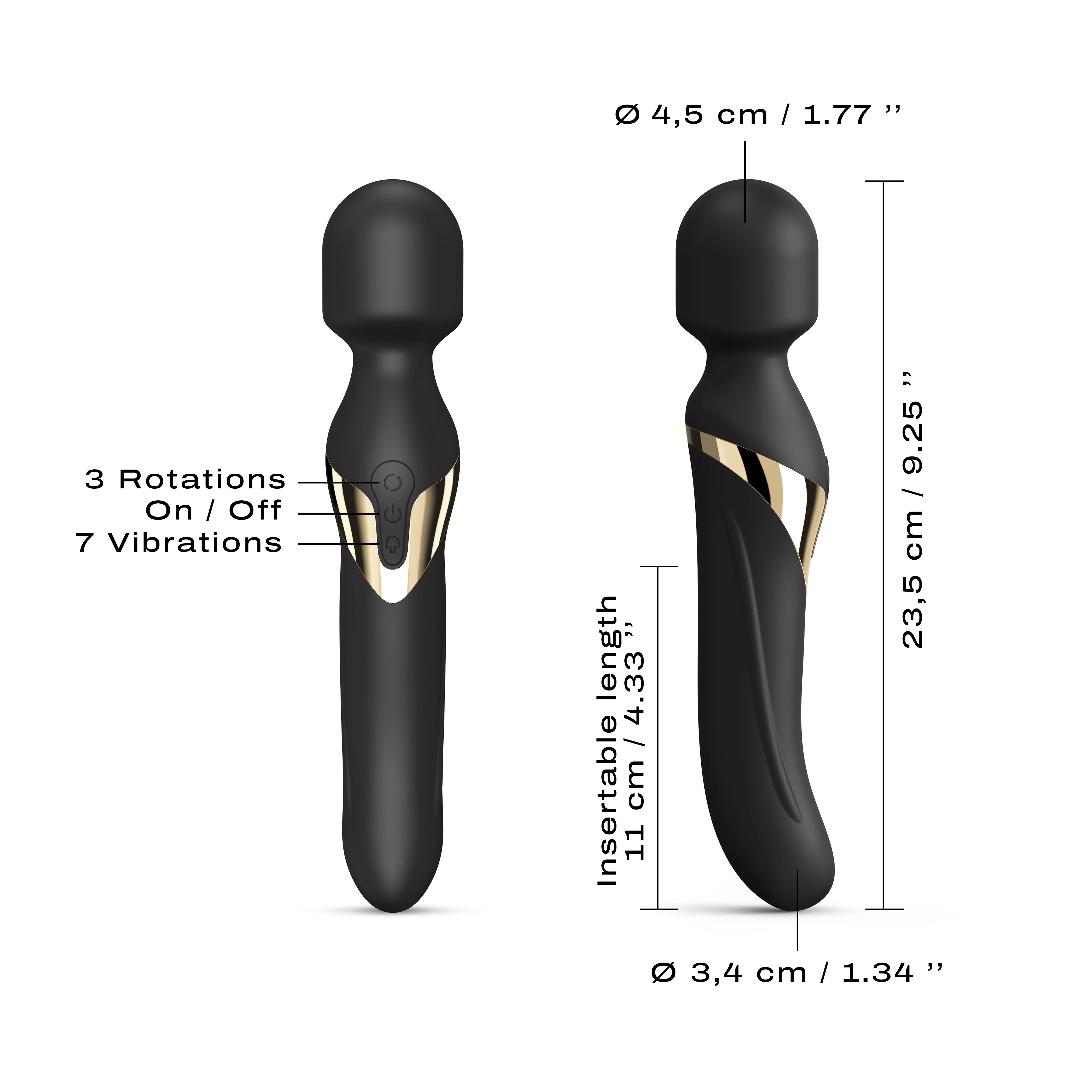Black massager with gold accents showing dimensions and control buttons.