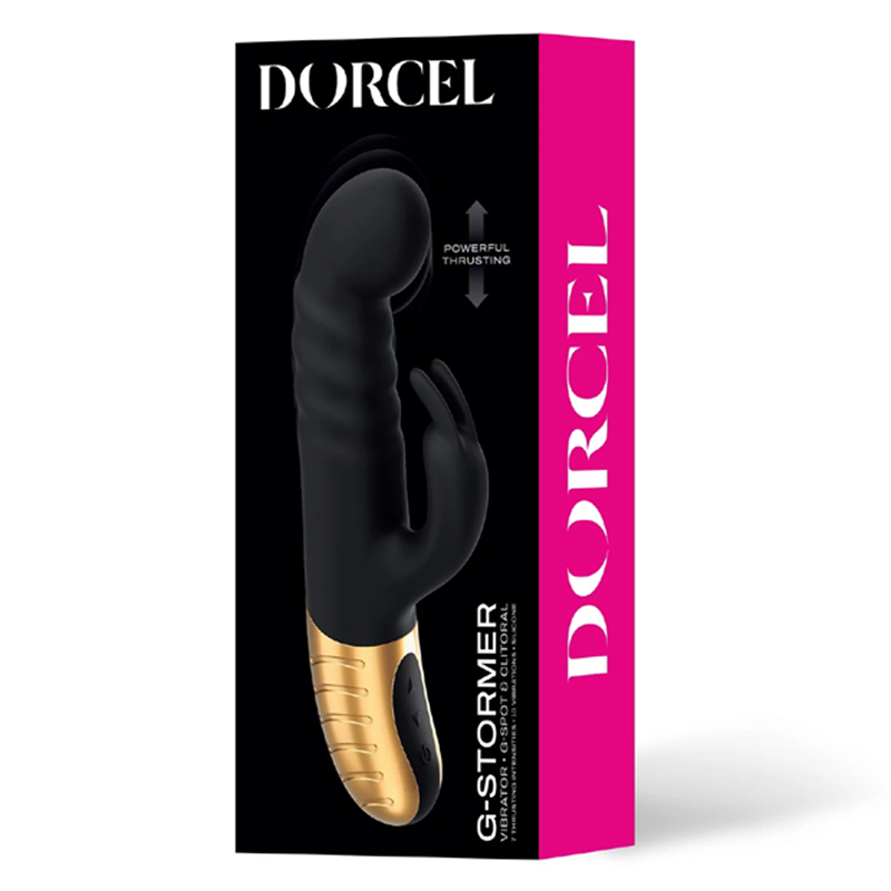 Black and gold Dorcel G-Stormer vibrator with text indicating powerful thrusting.