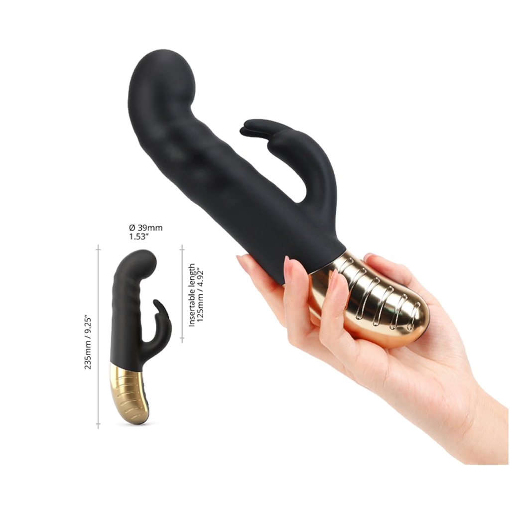 Black and gold rabbit vibrator with dimensions indicated.