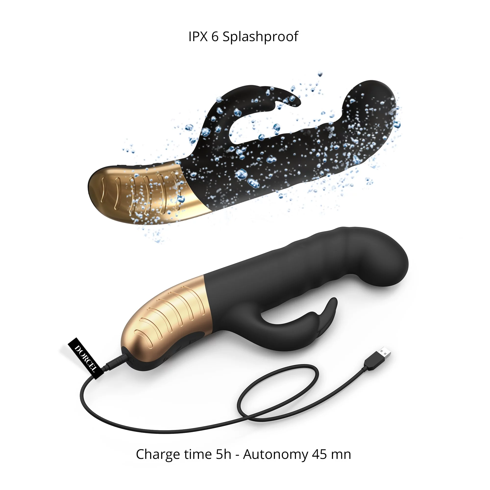 Black and gold thrusting G-spot rabbit vibrator with USB charging cable.