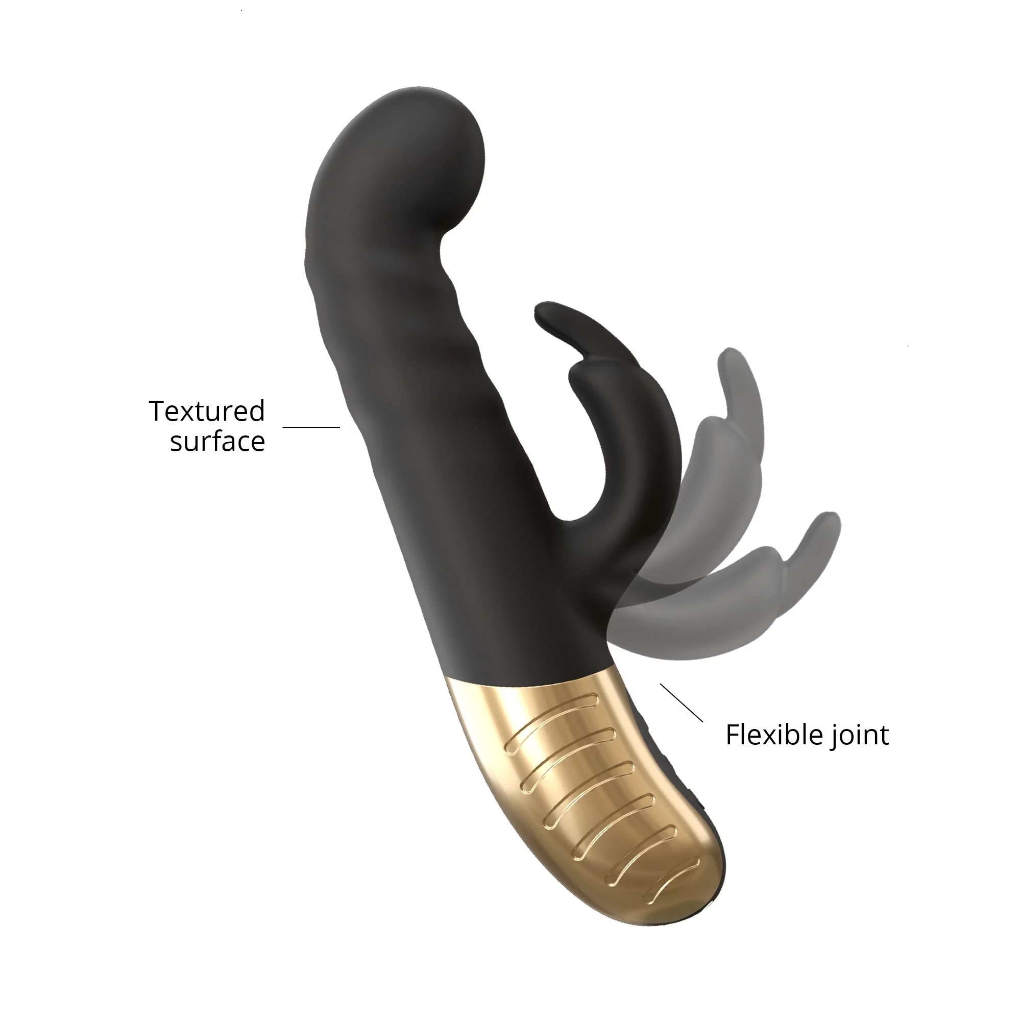 Black vibrator with textured surface and gold flexible joint.