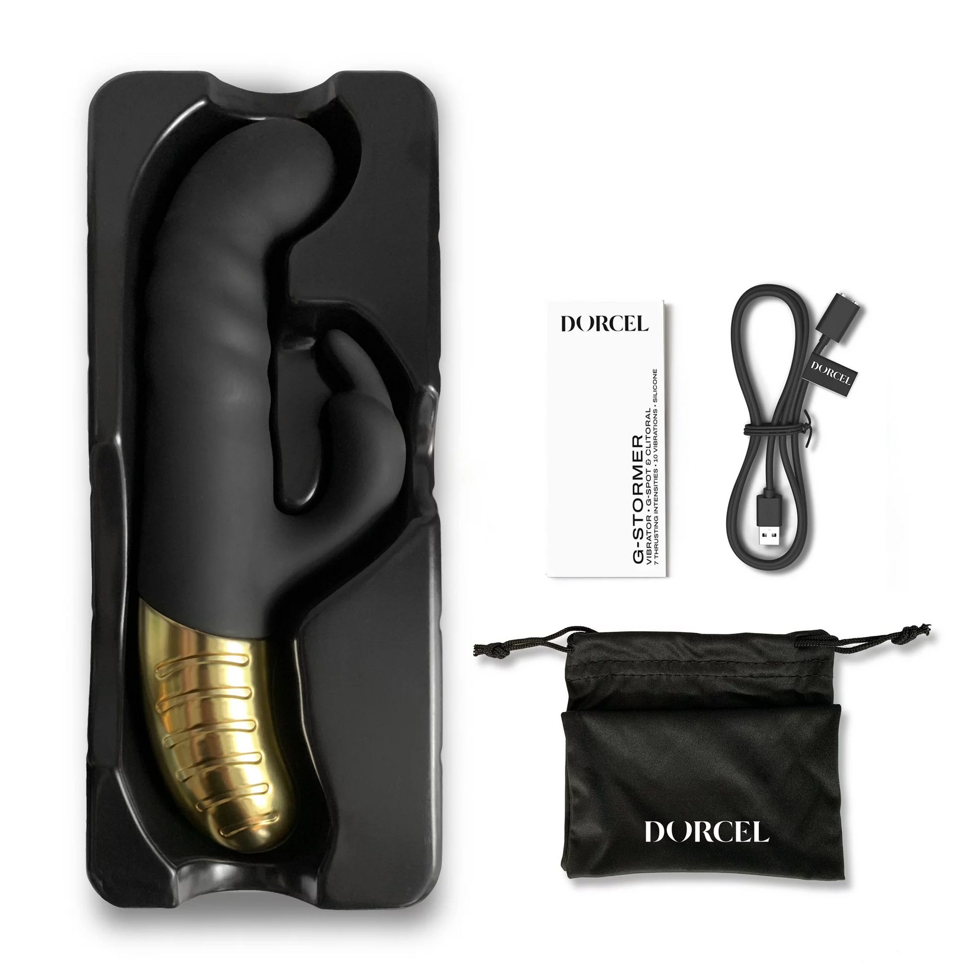 Black G-Stormer vibrator with gold accents, charging cable, and storage pouch.
