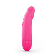 A pink, curved silicone vibrator with a rounded base.