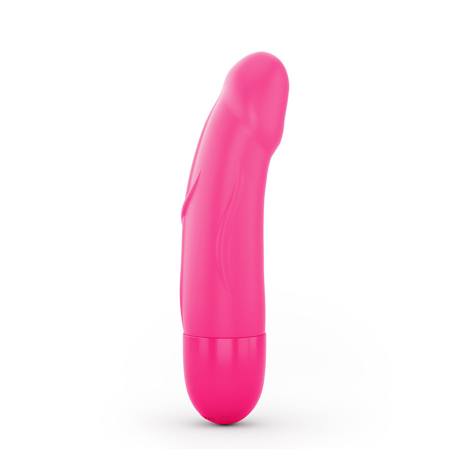 A pink, curved silicone vibrator with a rounded base.