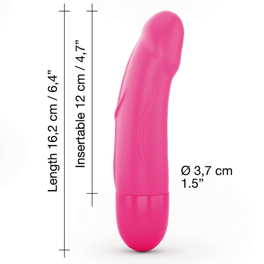Pink rechargeable silicone G-spot vibrator with dimensions indicated.