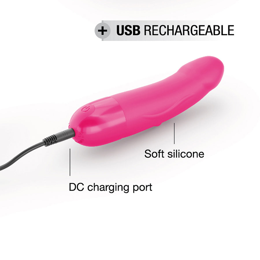 Pink rechargeable silicone vibrator with USB charging port.