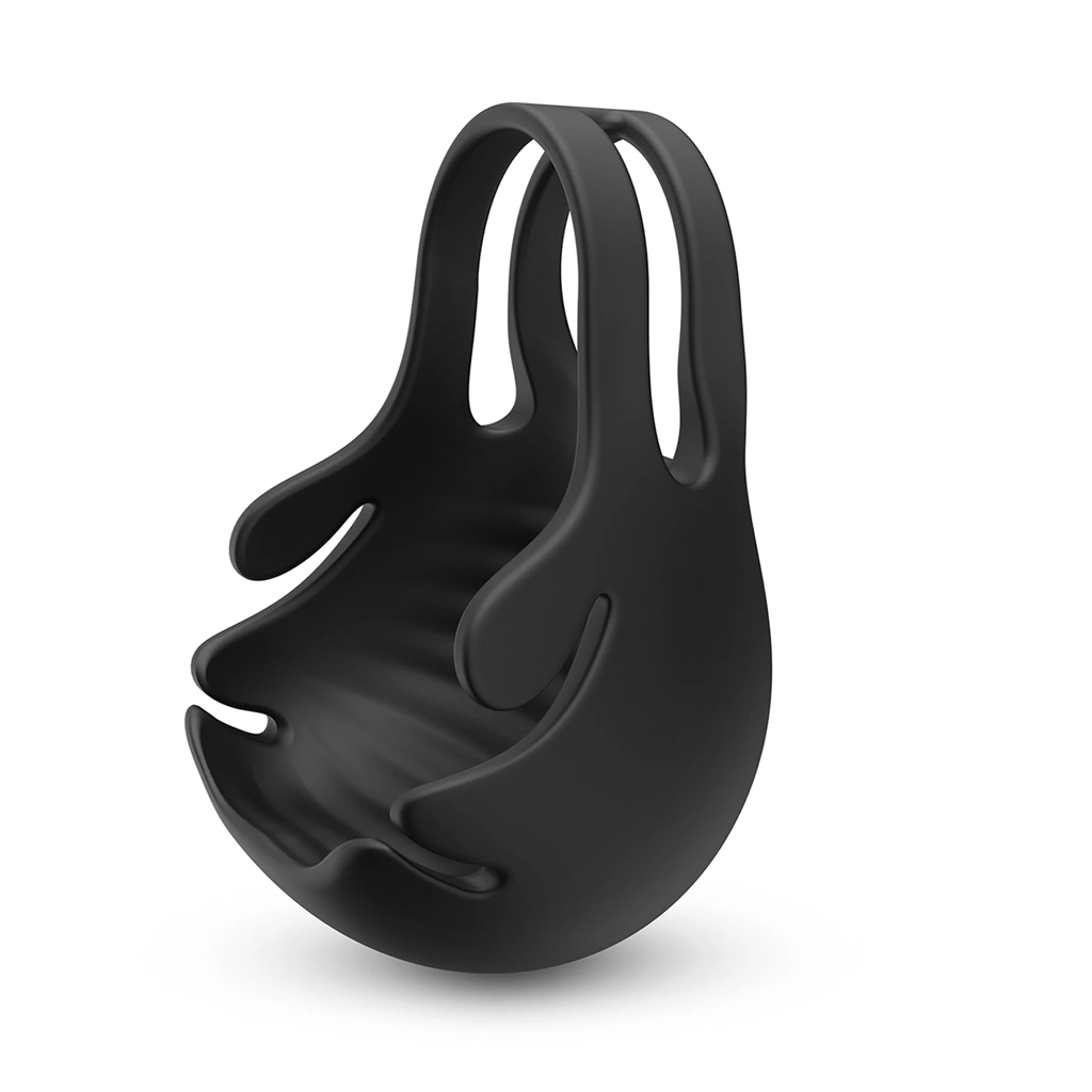 Black silicone vibrating penis and testicle stimulator with dual handles.