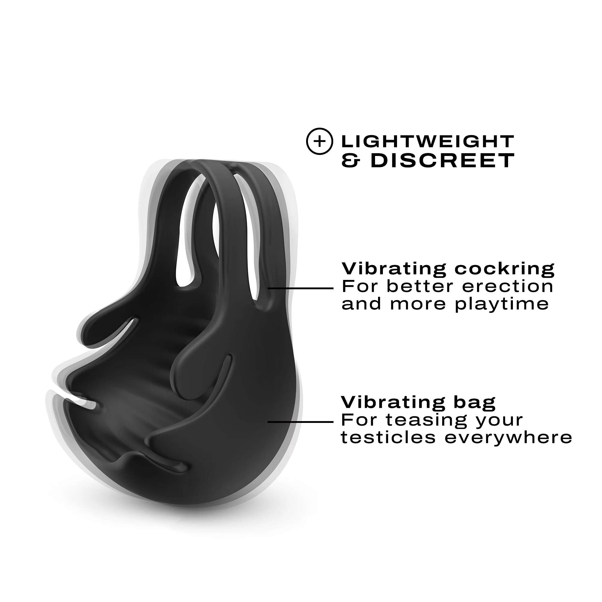 A black vibrating cockring and testicle stimulator with text describing its features.