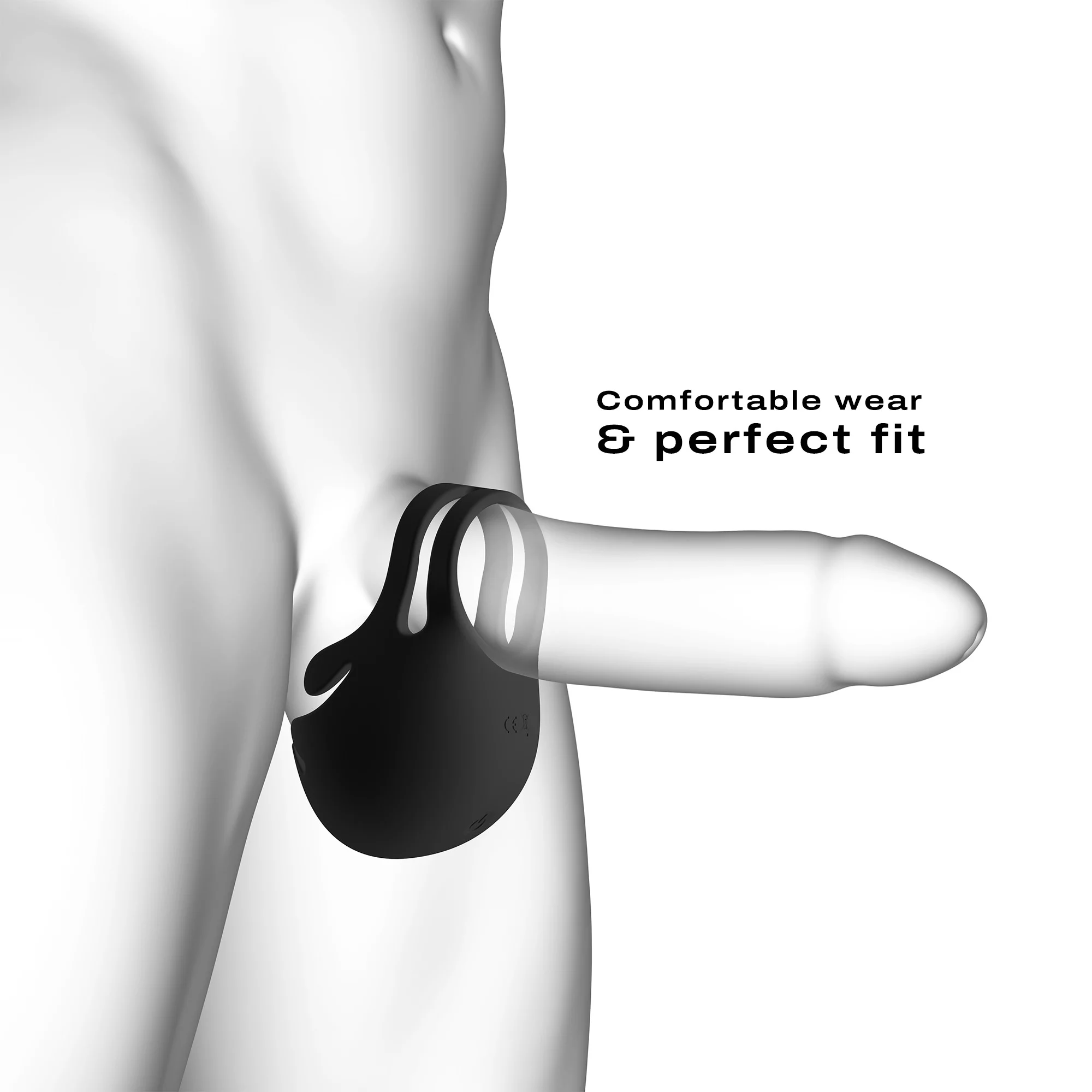 Black silicone vibrating stimulator on a white anatomical model of penis and testicles.